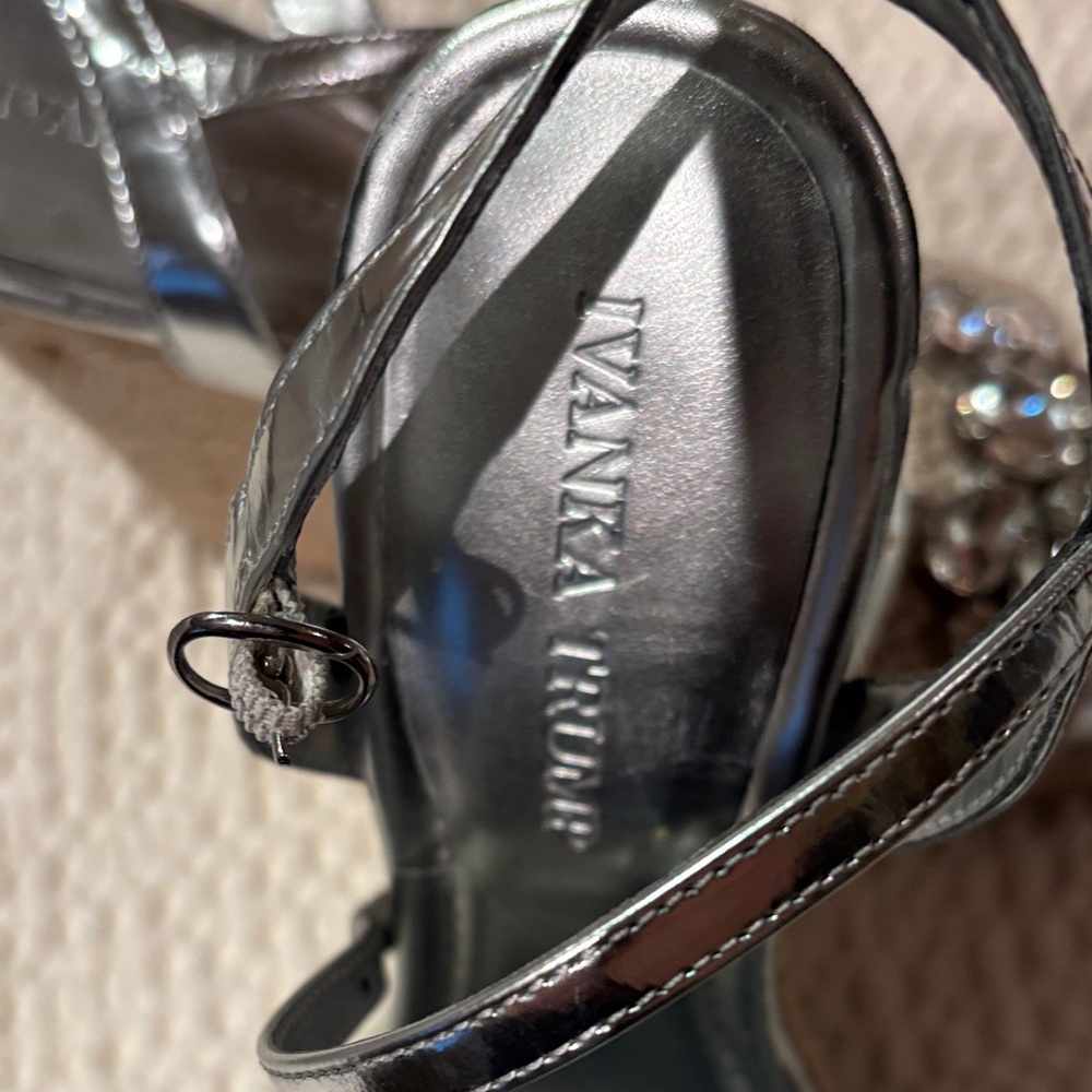Ivanka Trump Silver Crystal Embellished Jute Wedge Sandals - Picture 4 of 5
